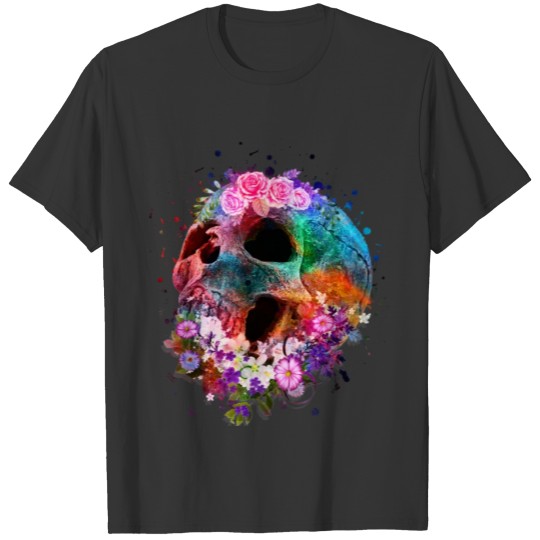 Watercolor Skull and Flowers Abstract T Shirts