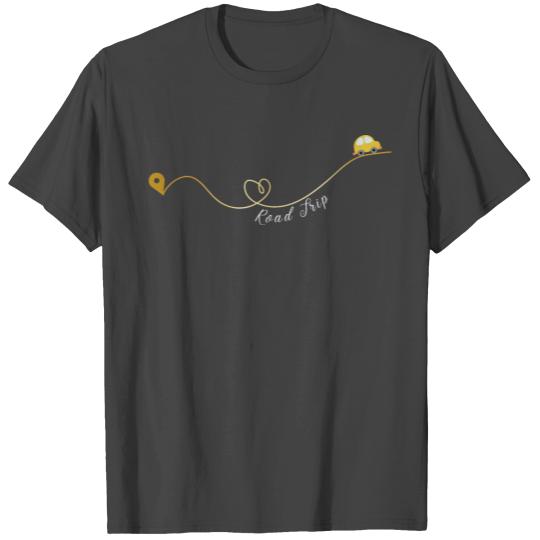 Road trip with a golden heart shape road, car, map T Shirts