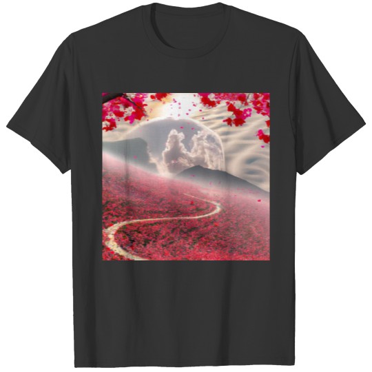 Misty Mountain Cherry Blossom Landscape T Shirts