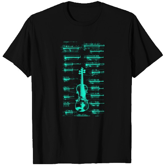 Teal Neon Da Vinci violin blueprint T Shirts
