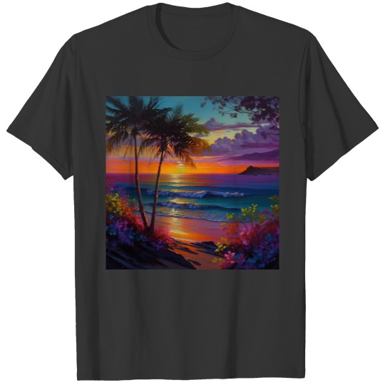 Colorful Tropical Island Beach Sunset Waves Design T Shirts