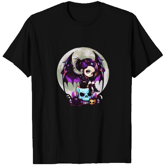 Cute Goth Sitting On Large Skull With Bat Wings - T Shirts