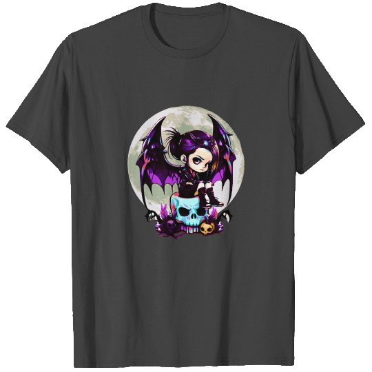 Cute Goth Sitting On Large Skull With Bat Wings - T Shirts