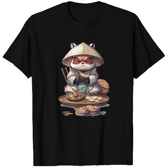 Tanuki Warrior Eat Sushi T Shirts