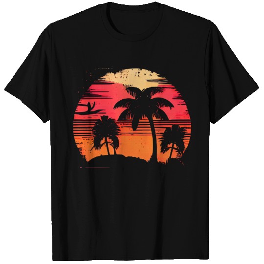 Vintage Retro Sunset Watercolor Beach Palm Trees T Shirts