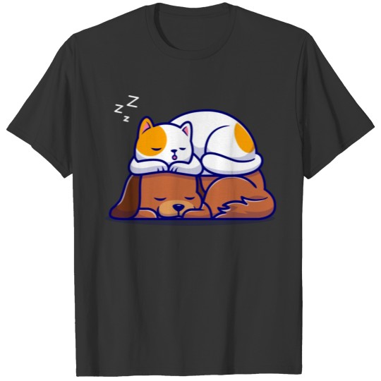 Cute Cat And Dog Sleeping Together Cartoon T Shirts