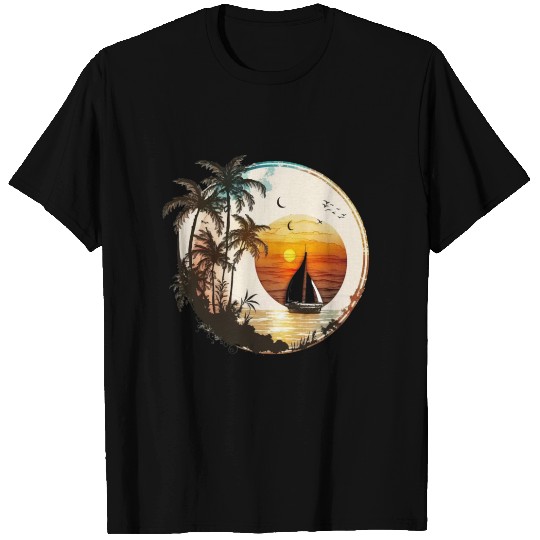 Beach Sunset Sailboat Palm Trees Ocean Vacation 2 T Shirts
