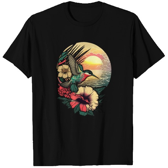 Hummingbird flies over hibiscus flower Tropical T Shirts