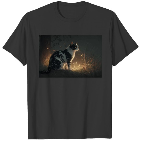 black and white piebald cat in forest at dusk 2 T Shirts