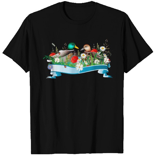 Pair of ducks in a lake with a spring-like shore T Shirts