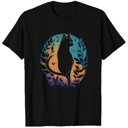 Black cat in multicolored background T Shirts