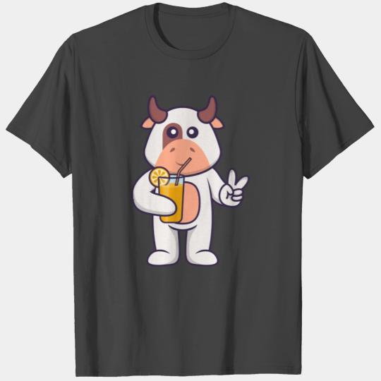 Cute Cow Holding Orange Juice In Glass T Shirts