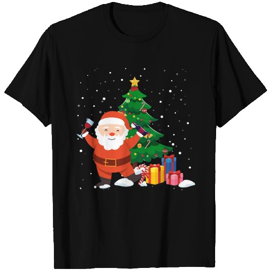Funny Santa Drinking Wine Christmas Tree T Shirts