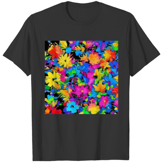 ABSTRACT PAINTING COLORFULL WATERBASE FLOWER BLACK T Shirts