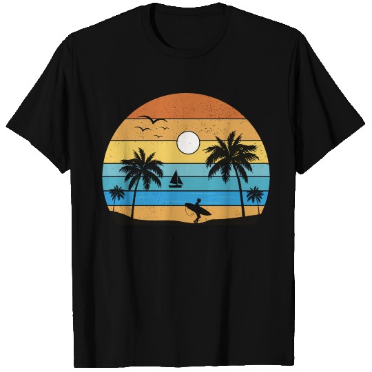Retro Vintage Sunset Coco Palm Tree Tropical Beach T Shirts