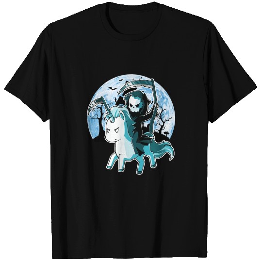 funny grim reaper riding unicorn Halloween Moon T Shirts