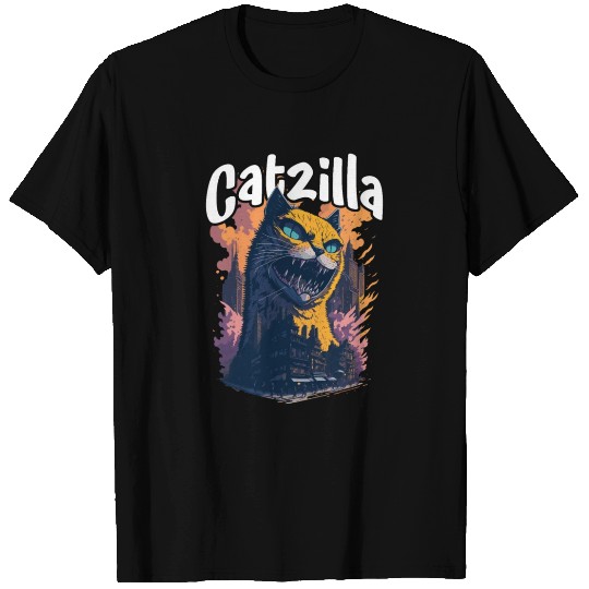 Catzilla Unleashed Funny Cartoon-Style Feline T Shirts