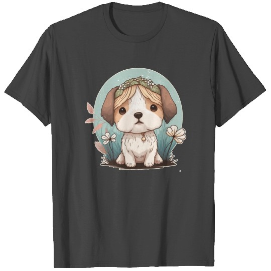 Cute Cottagecore Baby Dog Flower Crown Kawaii Pupp T Shirts