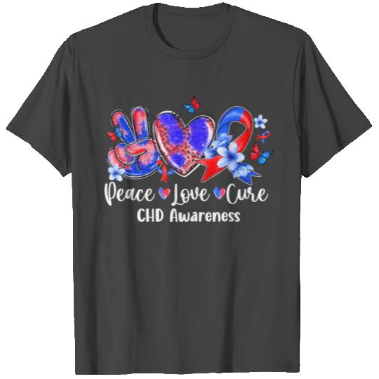 Peace Love Cure Blue & Red Ribbon CHD Awareness T Shirts
