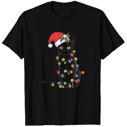 Black Cat Santa Tangled Up In Lights T Shirts