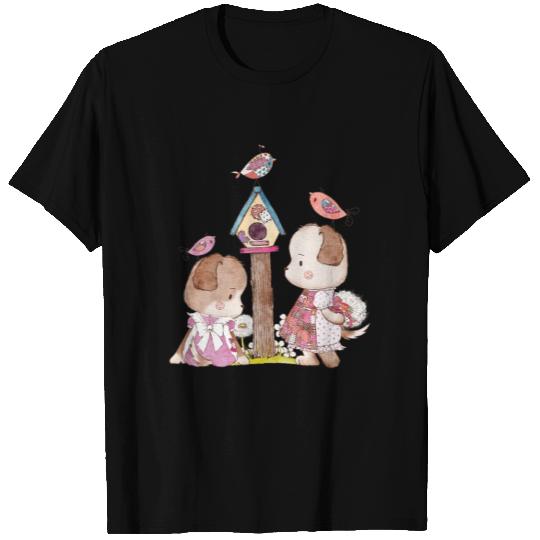 Lovable Dogs with Birds in Vintage Patchwork T Shirts