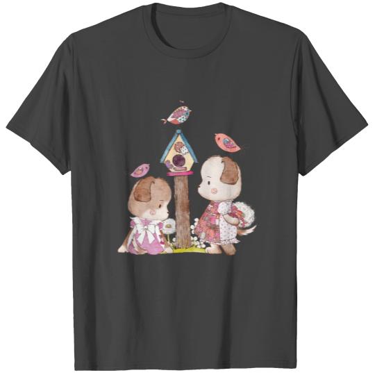 Lovable Dogs with Birds in Vintage Patchwork T Shirts