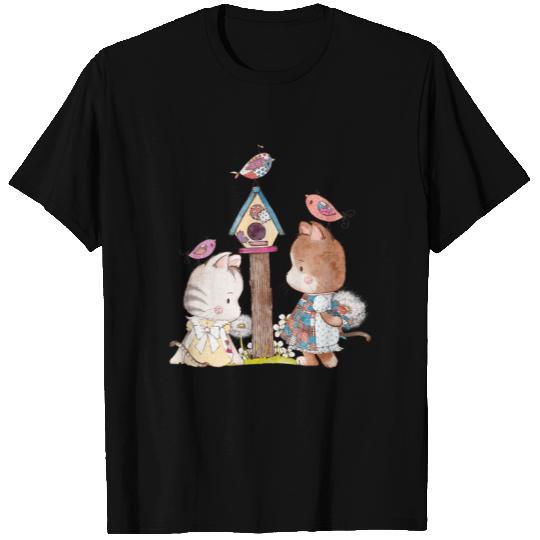 Lovable Cats with Birds in Vintage Patchwork T Shirts