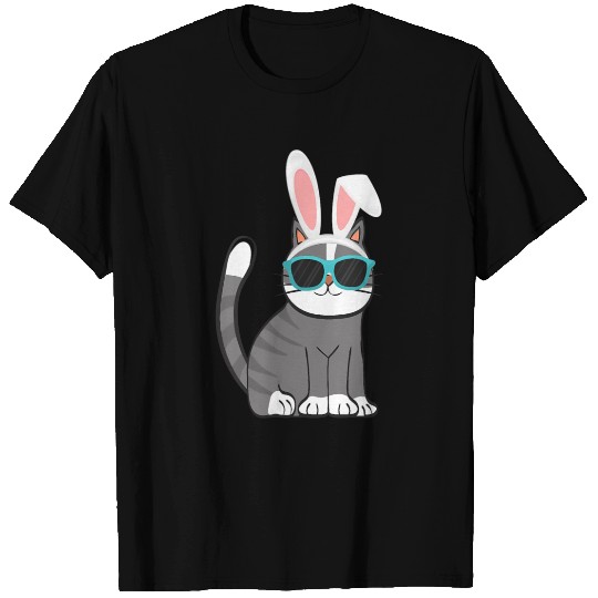 Happy Easter Cat With Bunny Ears And Glasses Cat T Shirts