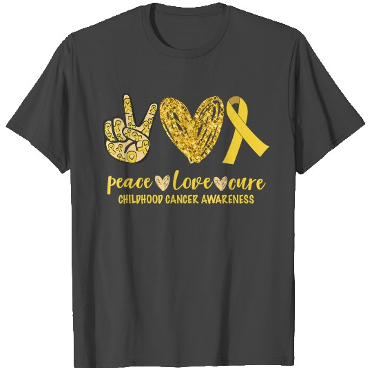 Peace Love Cure Ribbon Childhood Cancer Awareness T Shirts