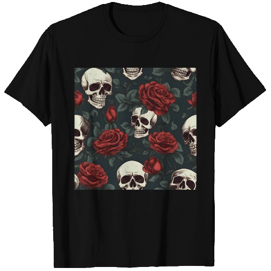 Dark Elegant Gothic Pattern Skulls & Red Roses T Shirts
