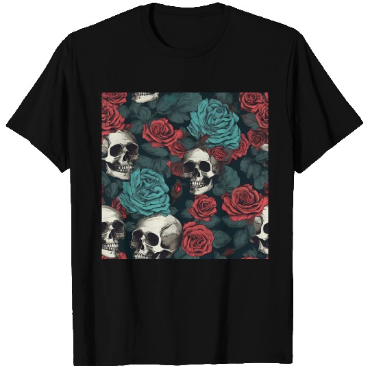Gothic Skulls & Red Roses Pattern Dark Elegant T Shirts