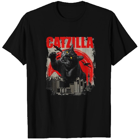 Catzilla Vintage Funny Cute Cat Art Japanese Sunse T Shirts