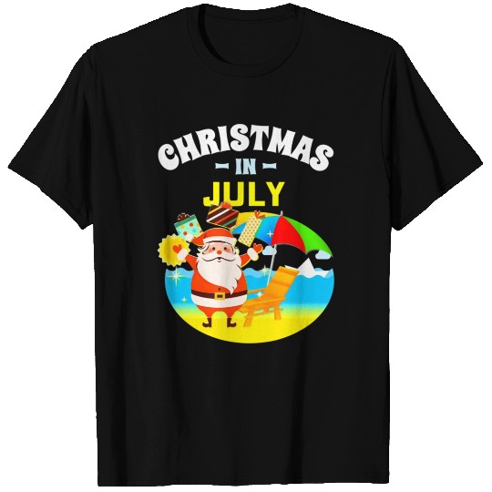 Beach Christmas In July Tropical Santa Surfing T Shirts