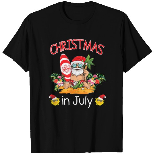 Christmas In July Funny Santa Surfing Summer T Shirts