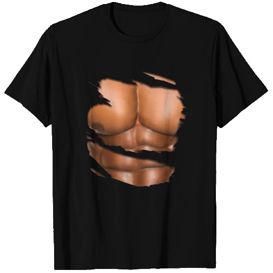 Fake Muscle Under Six Pack Ripped Abs Black T Shirts