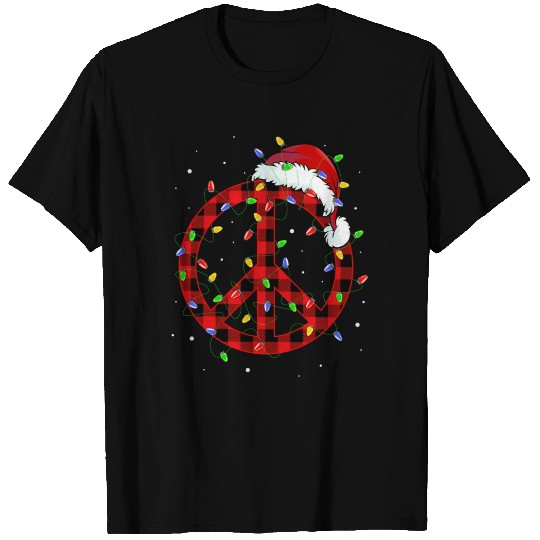 Peace Sign Wreath Red Buffalo Plaid Santa T Shirts