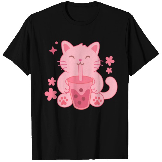 Boba Cat Kawaii Pink Sakura Style T Shirts