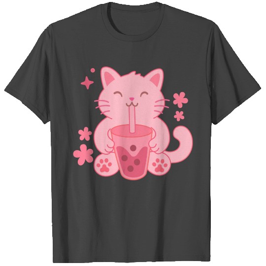 Boba Cat Kawaii Pink Sakura Style T Shirts