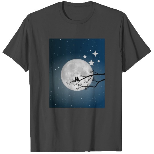 Full moon and stars loving birds on sky T Shirts