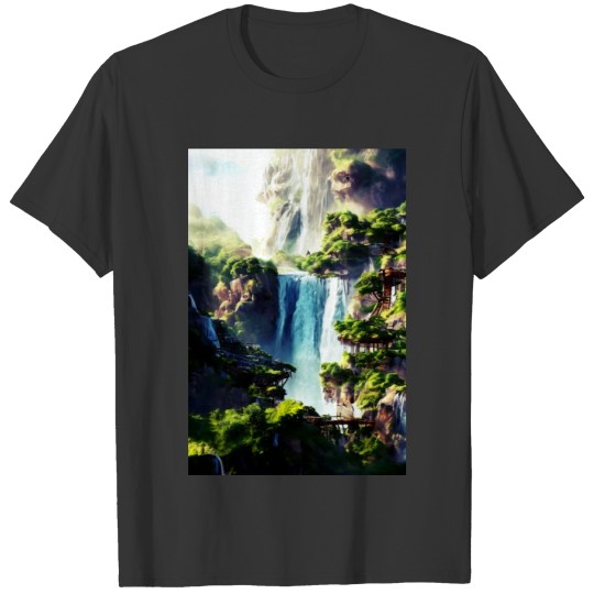 Fantasy waterfall on a beautiful high-rise village T Shirts