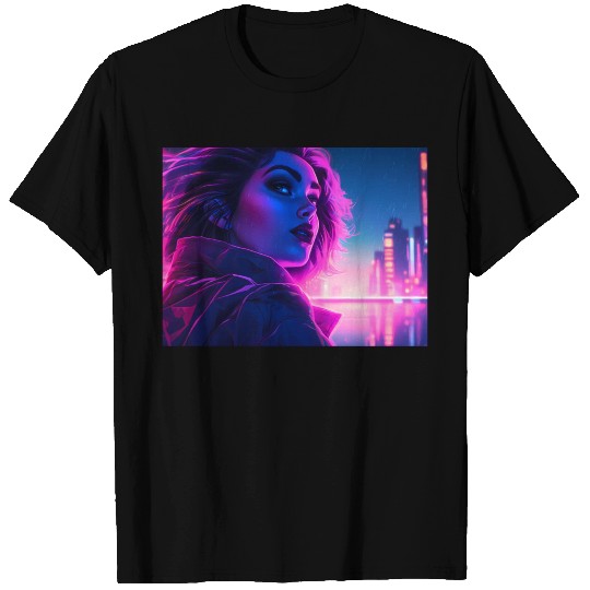 Synthwave girl in front of a neon light city T Shirts
