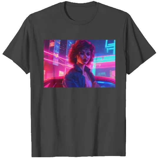 Synthwave Girl - Anime Portrait in Neon Colors T Shirts