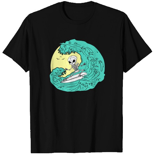 Skeleton surfing on Wave T Shirts