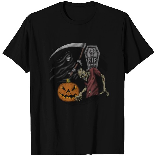 Scary pumpkin zombie Halloween grim reaper T Shirts