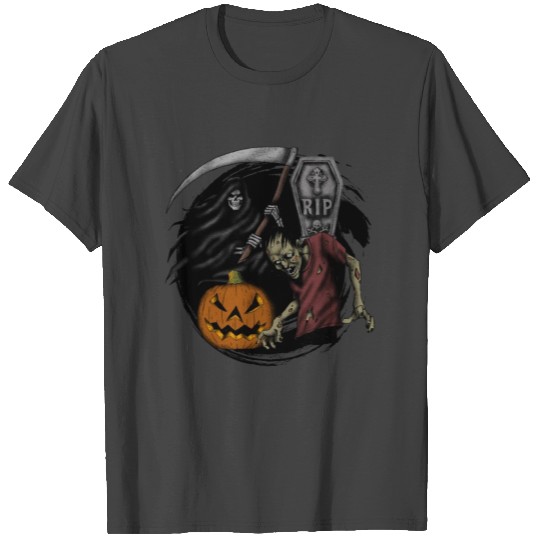 Scary pumpkin zombie Halloween grim reaper T Shirts