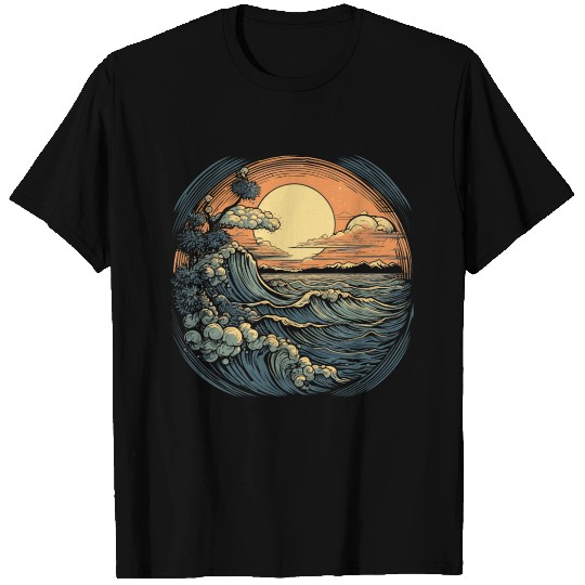 serene ocean sunset with large waves (4) T Shirts