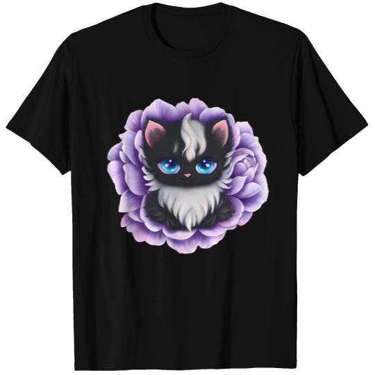 Black and White Floofy Kitten On Peony T Shirts