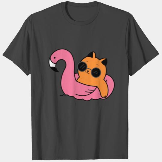 Cool Orange Cat In Flamingo Pool Ring Tube T Shirts