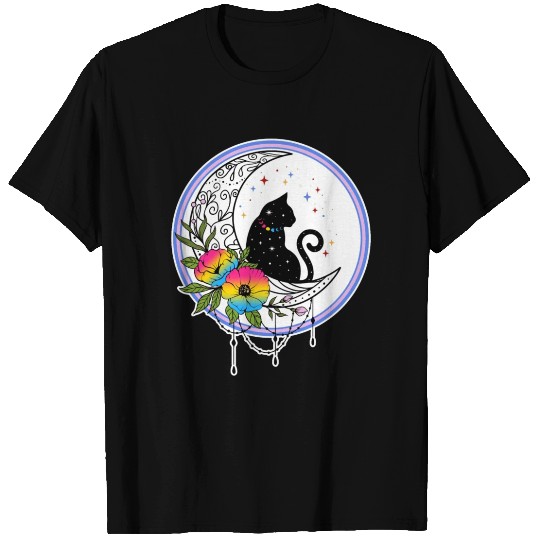 Galaxy Cat and Flowers in Pansexual Flag Colors T Shirts