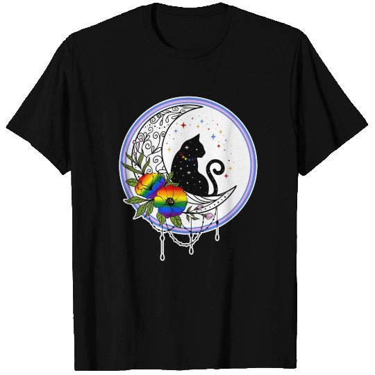 Galaxy Cat and Flowers in Rainbow Flag Colors T Shirts